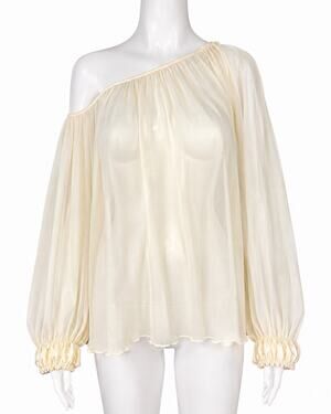 A.B.S. Allen Schwartz 100% Silk Blouse M Ivory Sheer One Shoulder Balloon Sleeve